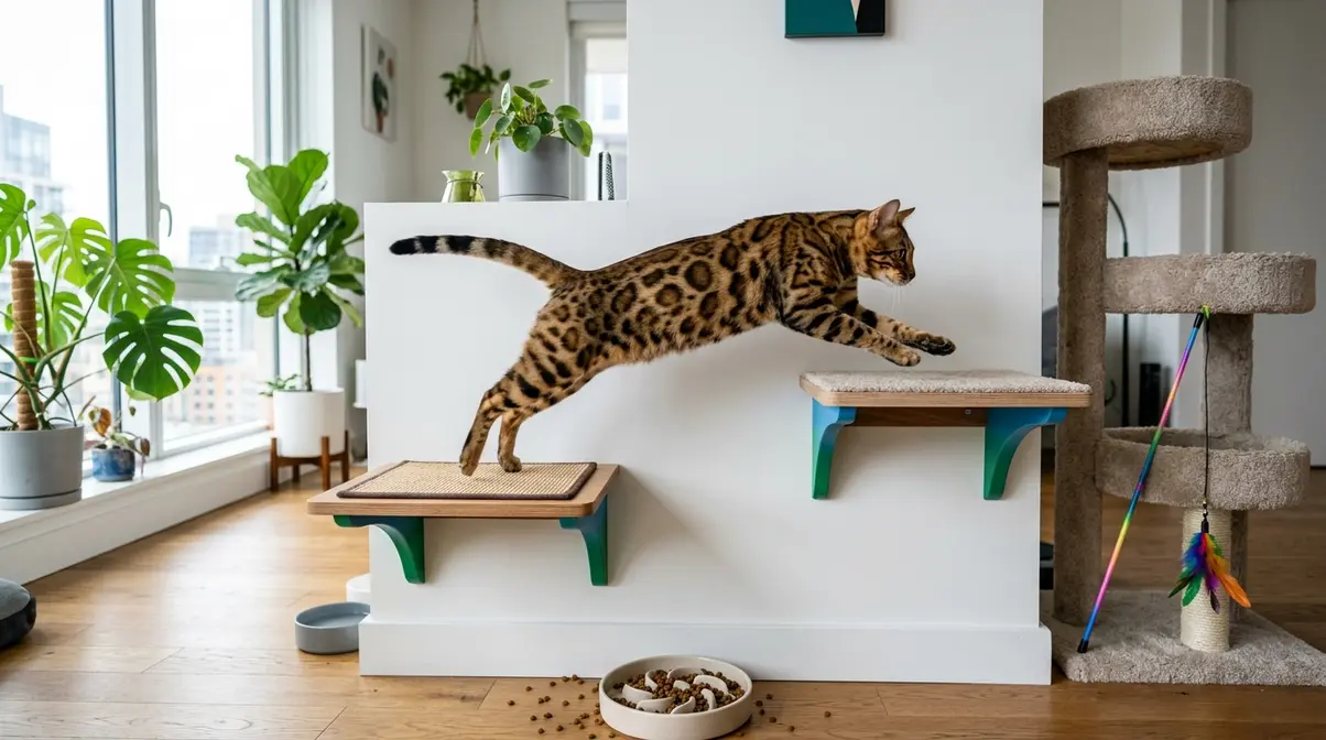 Bengal cat leaping between wall-mounted shelves in an enriched indoor apartment with puzzle feeder and cat tree visible