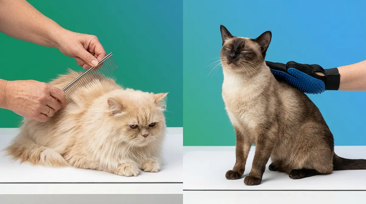 Side-by-side grooming comparison showing long-haired Persian being combed and short-haired Siamese being groomed with a rubber glove