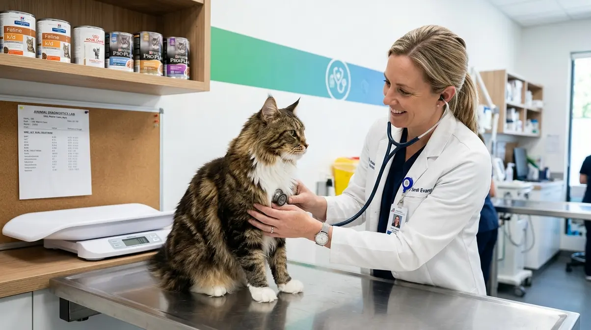 Veterinarian examining a Maine Coon cat during a health check with wet cat food and blood test results visible in the background