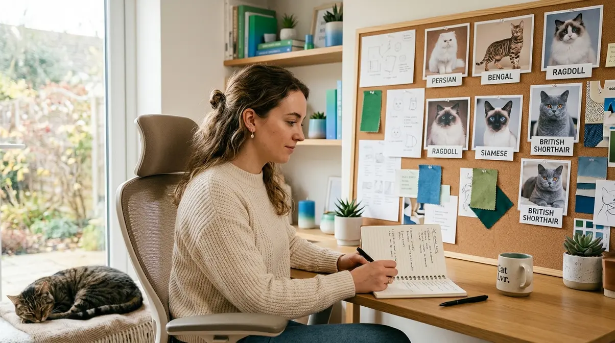 Person researching cat breeds at a desk with breed reference images on a mood board before adopting