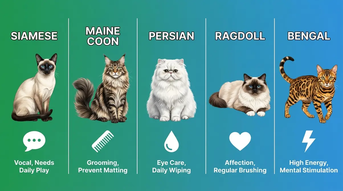 Infographic showing five popular cat breeds — Siamese, Maine Coon, Persian, Ragdoll, Bengal — with primary care priorities