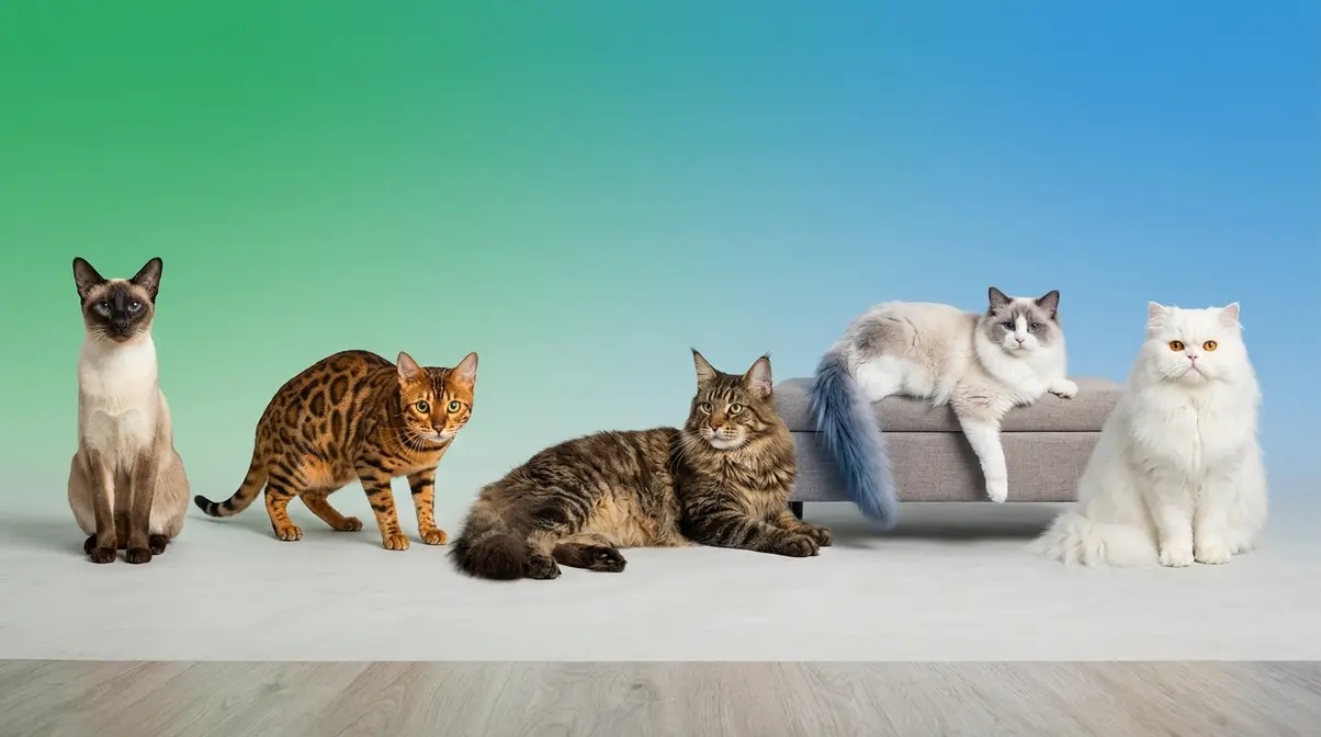 Five popular cat breeds — Siamese, Maine Coon, Persian, Ragdoll, and Bengal — arranged in a studio overview comparison