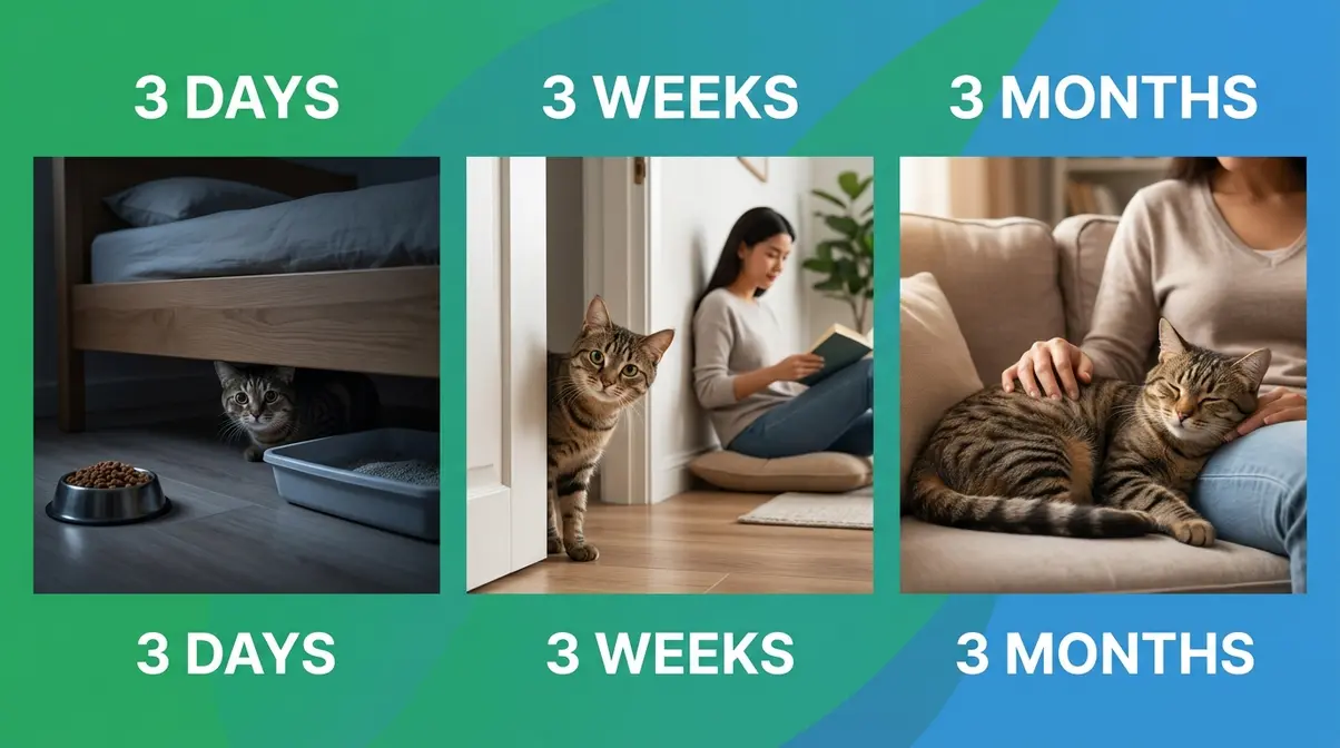 Three-panel illustration of the 3-3-3 rule for new cats showing adjustment stages at 3 days, 3 weeks, and 3 months