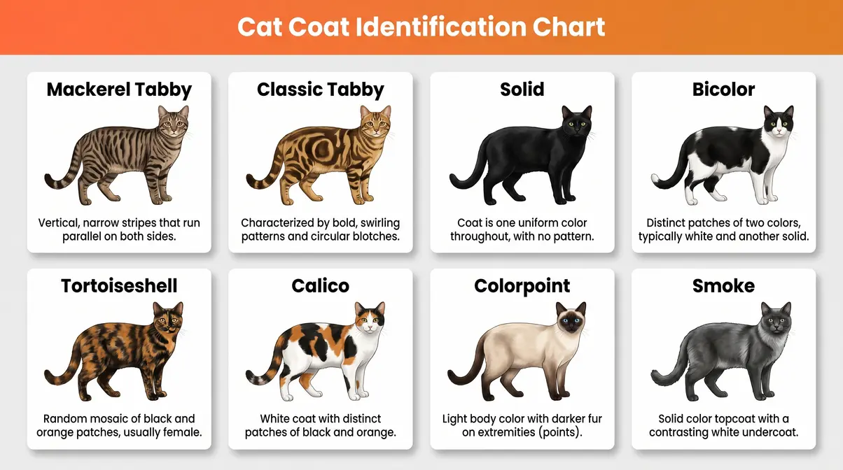 Cat coat identification chart showing tabby, solid, calico, tortoiseshell, and colorpoint patterns with labels