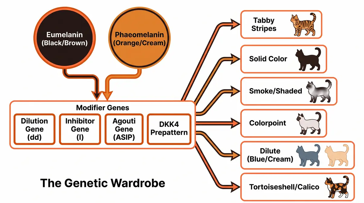 Diagram showing how eumelanin and phaeomelanin combine with modifier genes to create all cat coat colors and patterns