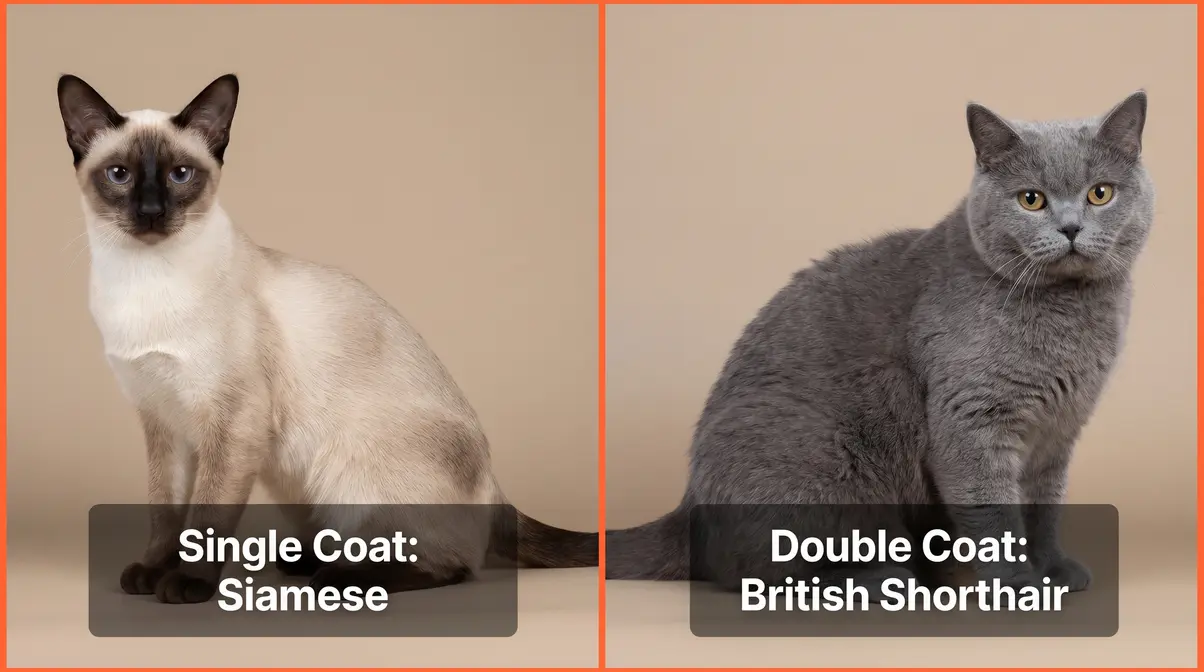 Side-by-side comparison of shorthair cat coat types showing Siamese single coat and British Shorthair double coat textures