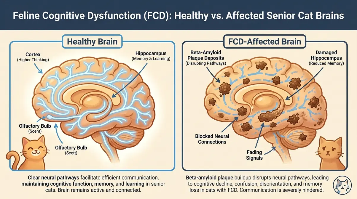 Diagram showing cat dementia signs caused by beta-amyloid plaques in feline cognitive dysfunction