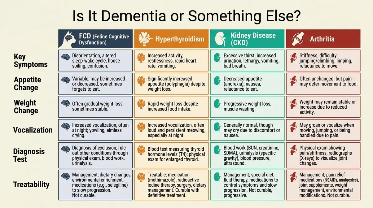 Infographic comparing cat dementia signs with hyperthyroidism, kidney disease, and arthritis symptoms in senior cats