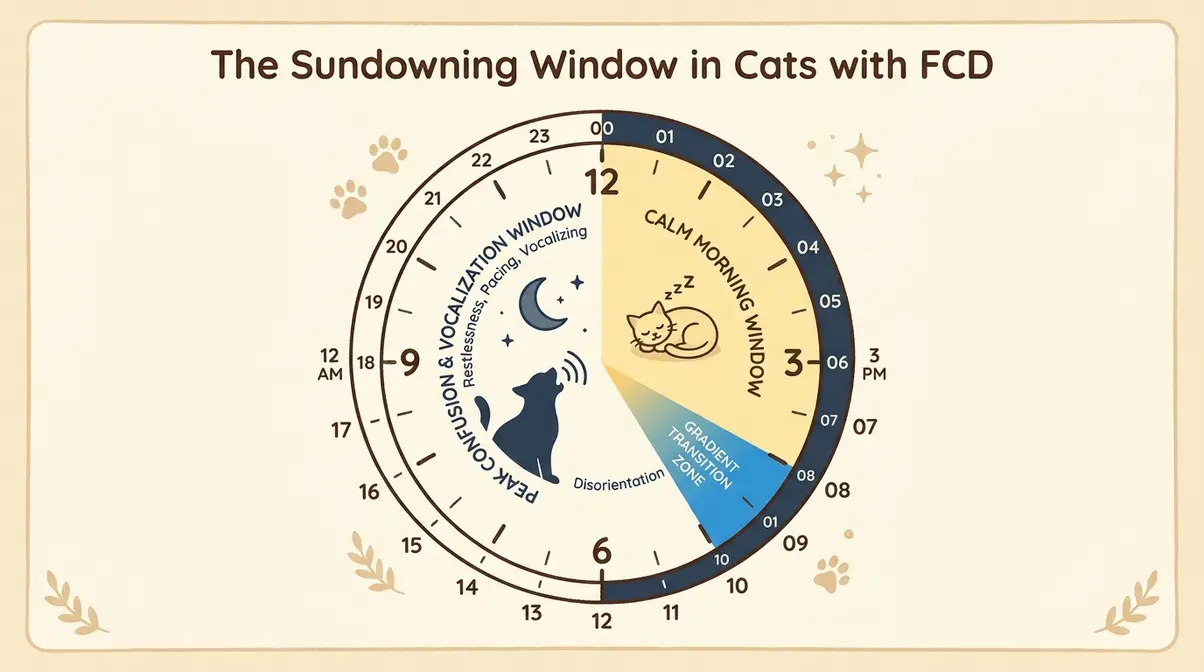 Clock diagram showing cat dementia signs including sundowning and nighttime howling in feline cognitive dysfunction