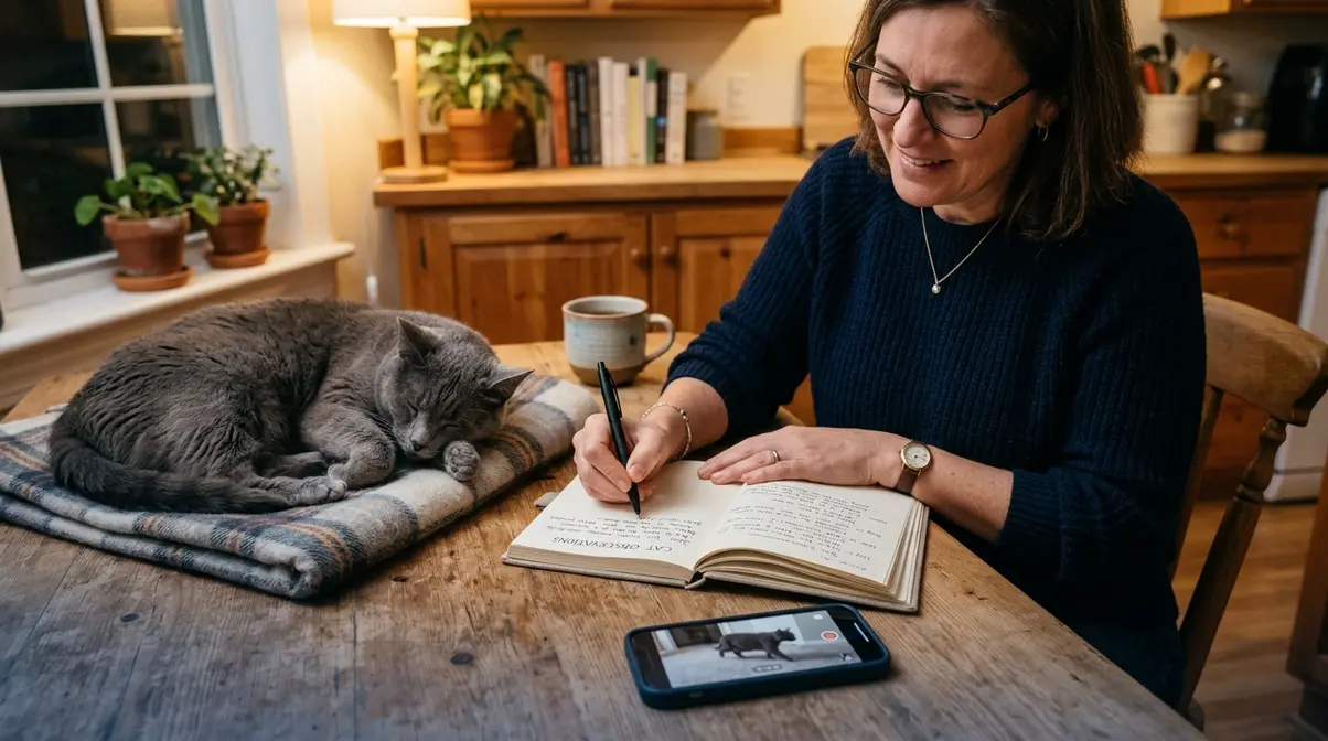 Cat owner documenting cat dementia signs in a symptom log before a veterinary appointment