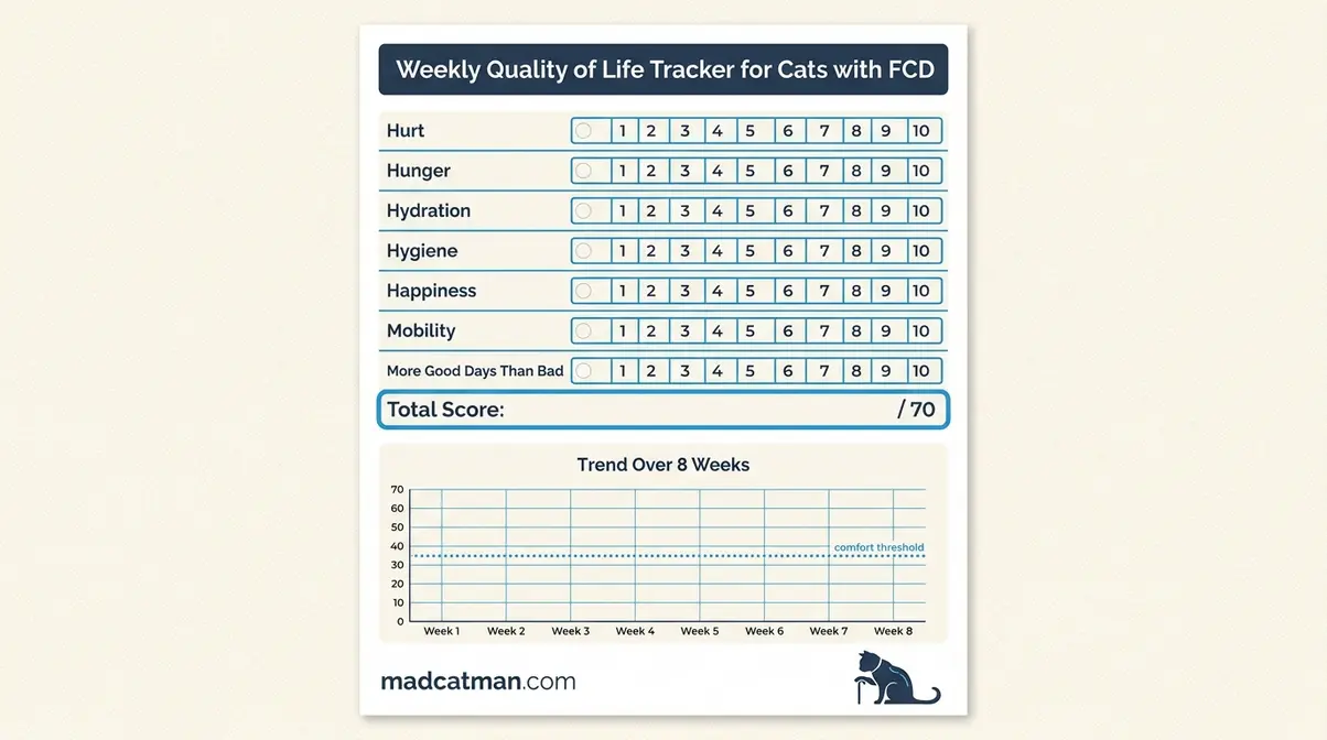 Printable quality of life scorecard for senior cats showing cat dementia signs, based on the HHHHHMM scale for feline cognitive dysfunction