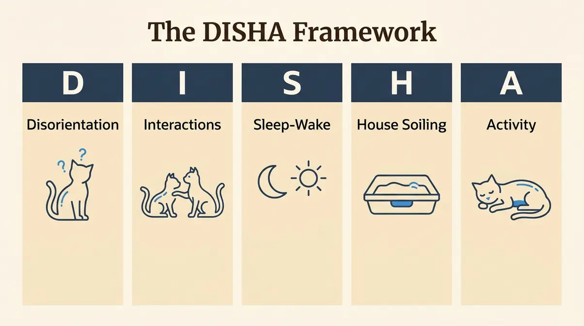 DISHA framework diagram showing five categories of cat dementia signs in feline cognitive dysfunction