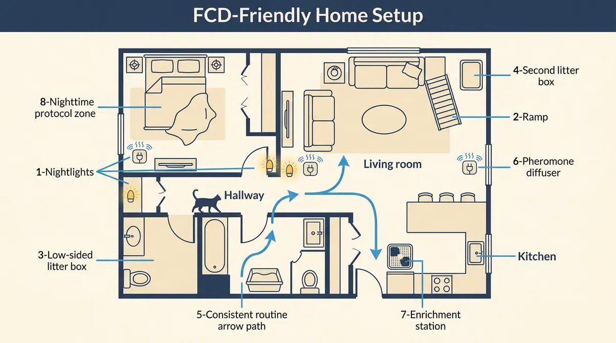 Home layout diagram showing 8 environmental modifications for cats with feline cognitive dysfunction and cat dementia signs