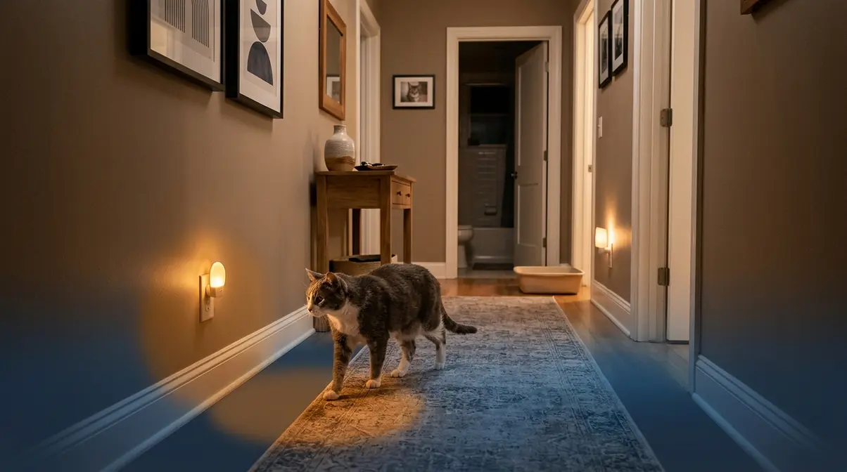 Home hallway showing nightlight and low-sided litter box modifications for a cat with dementia signs