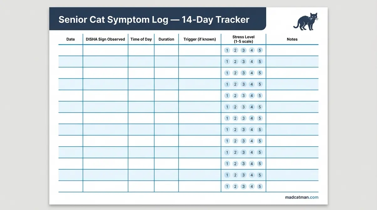 14-day symptom log template for tracking cat dementia signs at home before a veterinary appointment