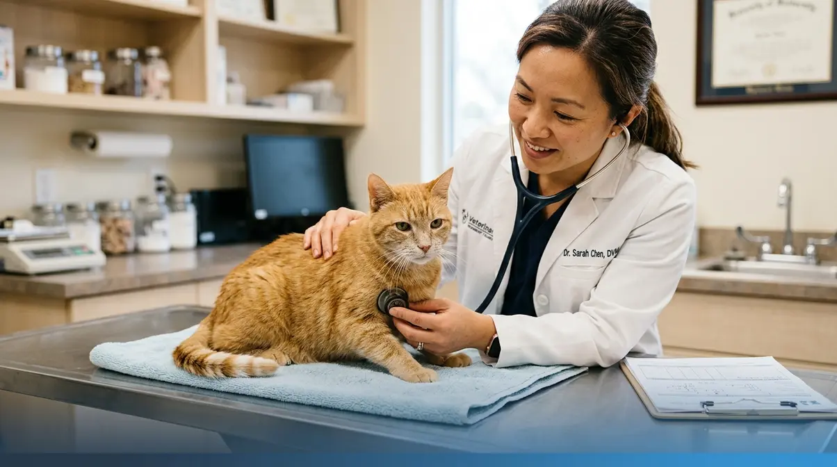 Veterinarian examining a senior cat to rule out conditions mimicking cat dementia signs