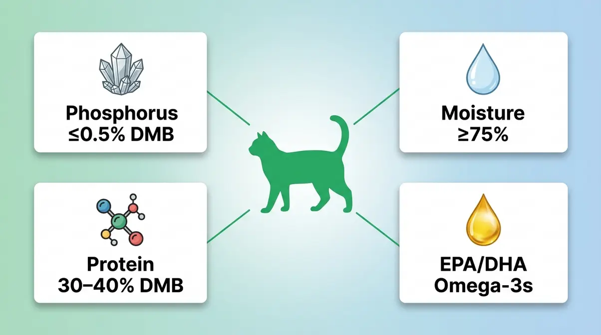 CKD cat nutritional needs diagram showing phosphorus moisture protein and omega-3 requirements