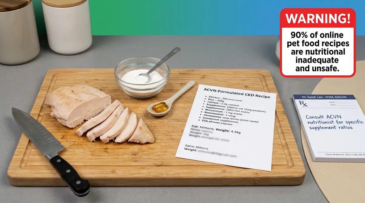 Homemade CKD cat food preparation showing lean chicken taurine supplement and veterinary recipe card
