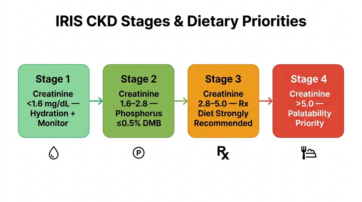 IRIS CKD staging diagram showing dietary priorities for cats at each kidney disease stage