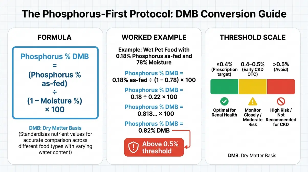 Cat food kidney disease phosphorus dry matter basis DMB conversion formula infographic chart