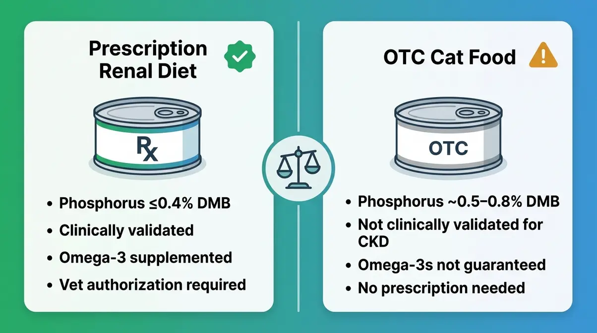 Prescription versus OTC renal cat food comparison showing phosphorus levels and clinical validation differences