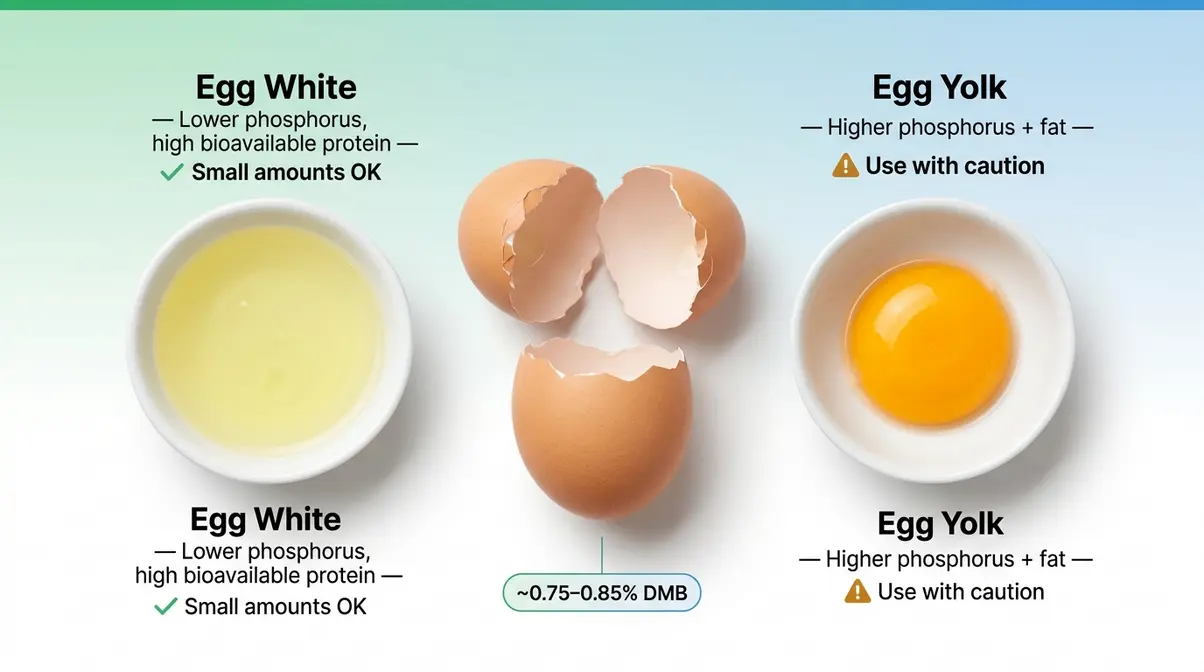 Scrambled eggs safety guide for CKD cats showing egg white versus egg yolk phosphorus comparison