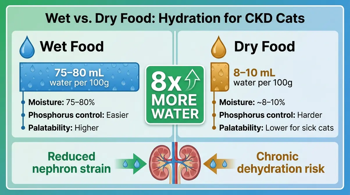 Wet food versus dry food moisture content comparison infographic for cats with kidney disease