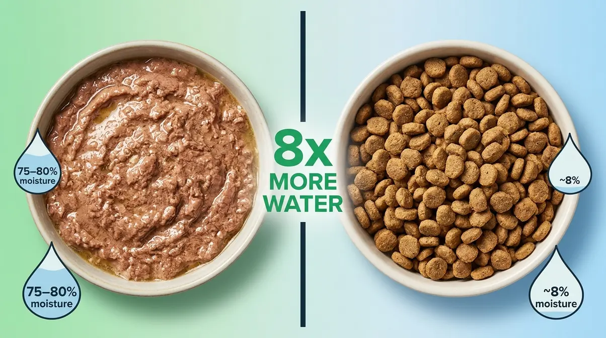 Wet cat food versus dry cat food moisture comparison for kidney disease showing hydration difference