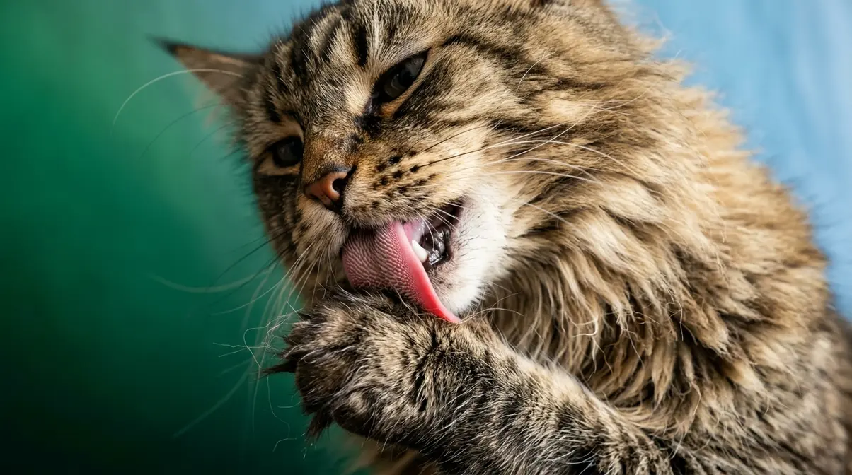 Long-haired cat self-grooming and swallowing loose fur showing the natural cause of cat hairballs
