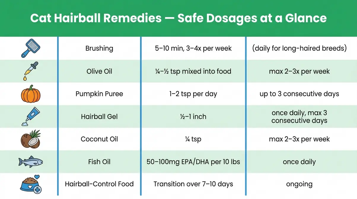 Cat hairball remedies at home dosage chart showing olive oil pumpkin fish oil and commercial gel safe amounts