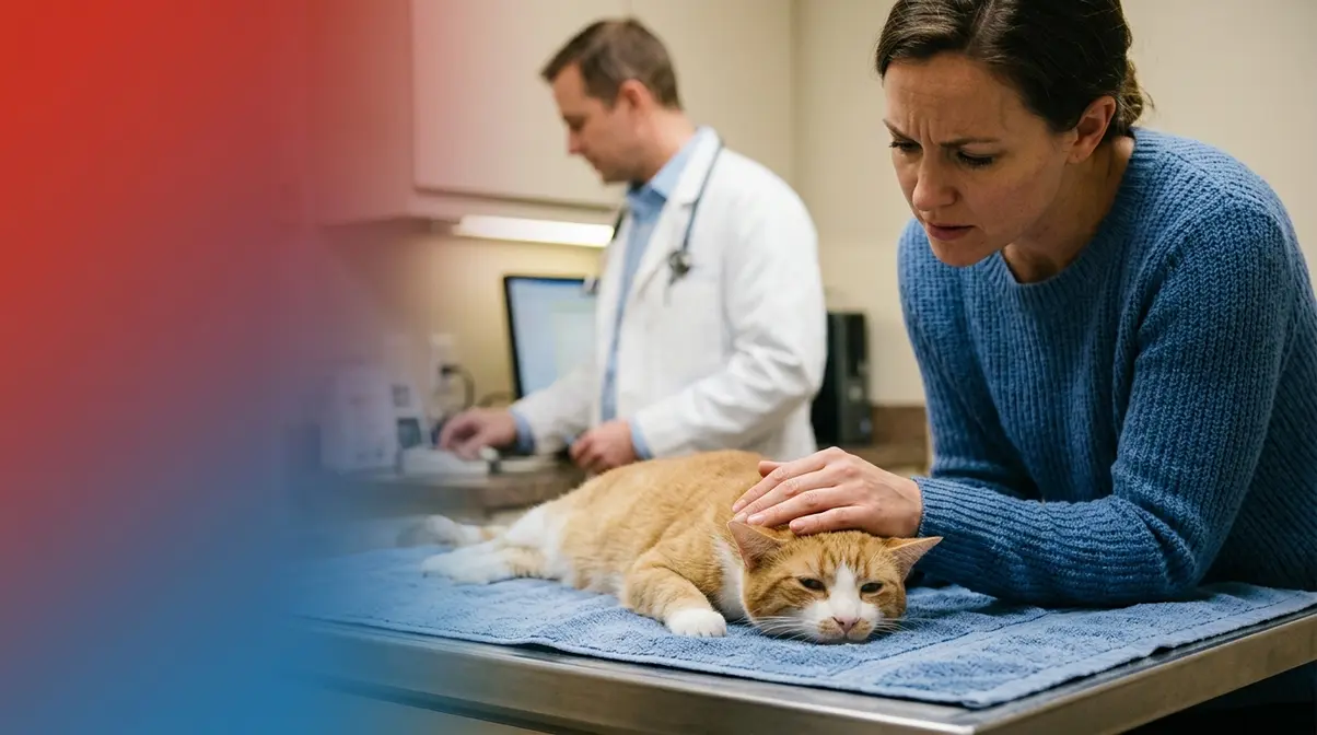 Cat owner and vet examining a lethargic cat showing emergency hairball warning signs requiring vet visit