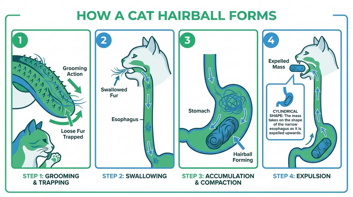 Diagram showing cat hairball formation process from grooming tongue barbs to stomach accumulation