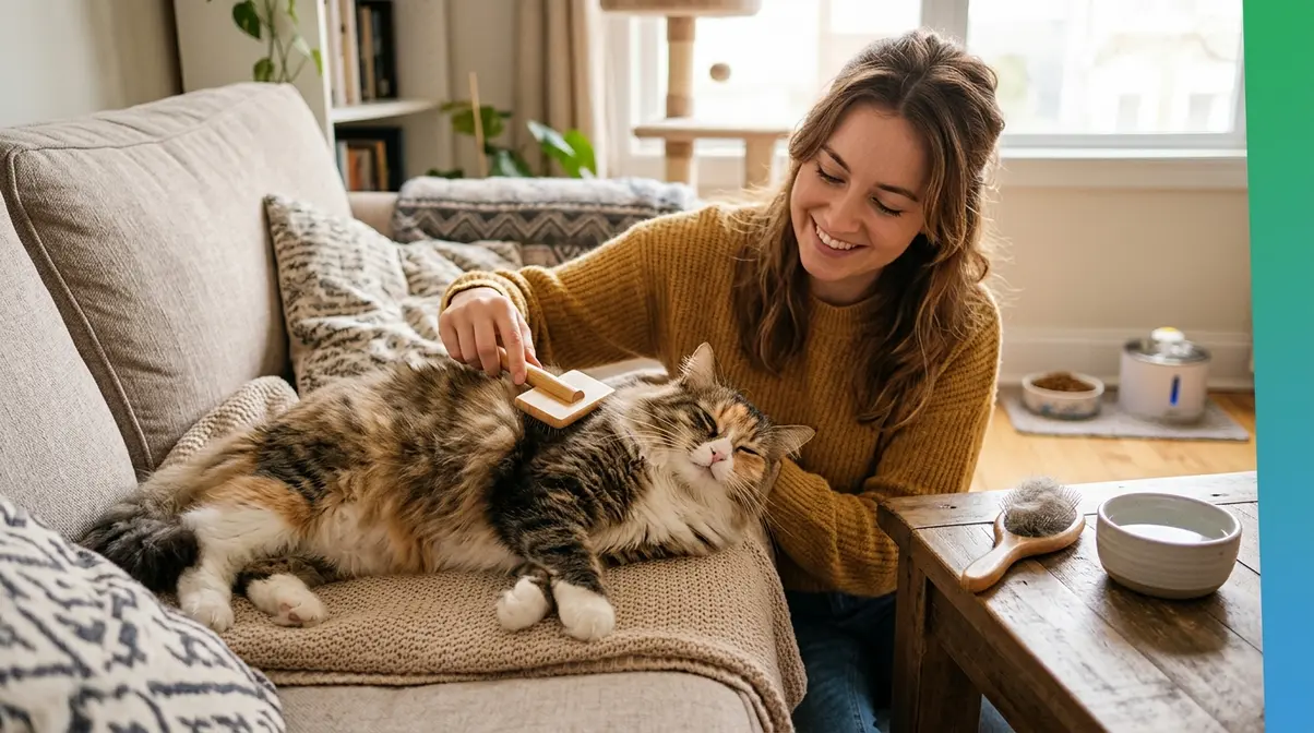 Cat owner brushing a relaxed cat at home as part of long-term hairball prevention routine