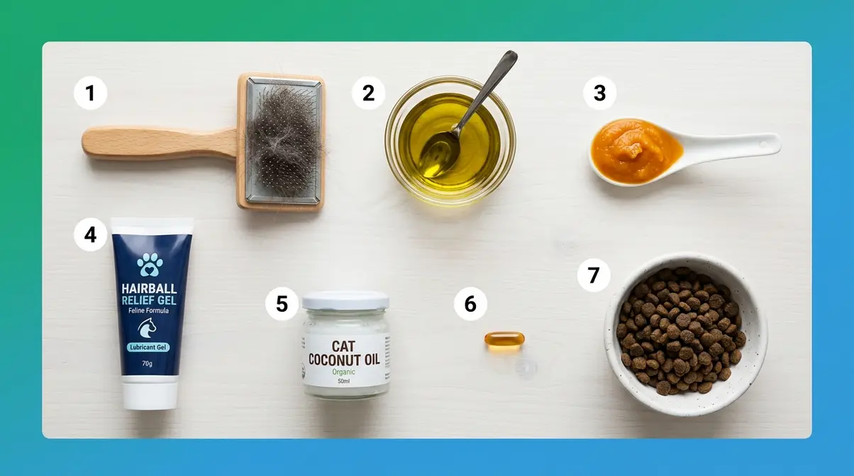 Seven cat hairball home remedies laid out including brushing tools olive oil pumpkin puree and hairball gel