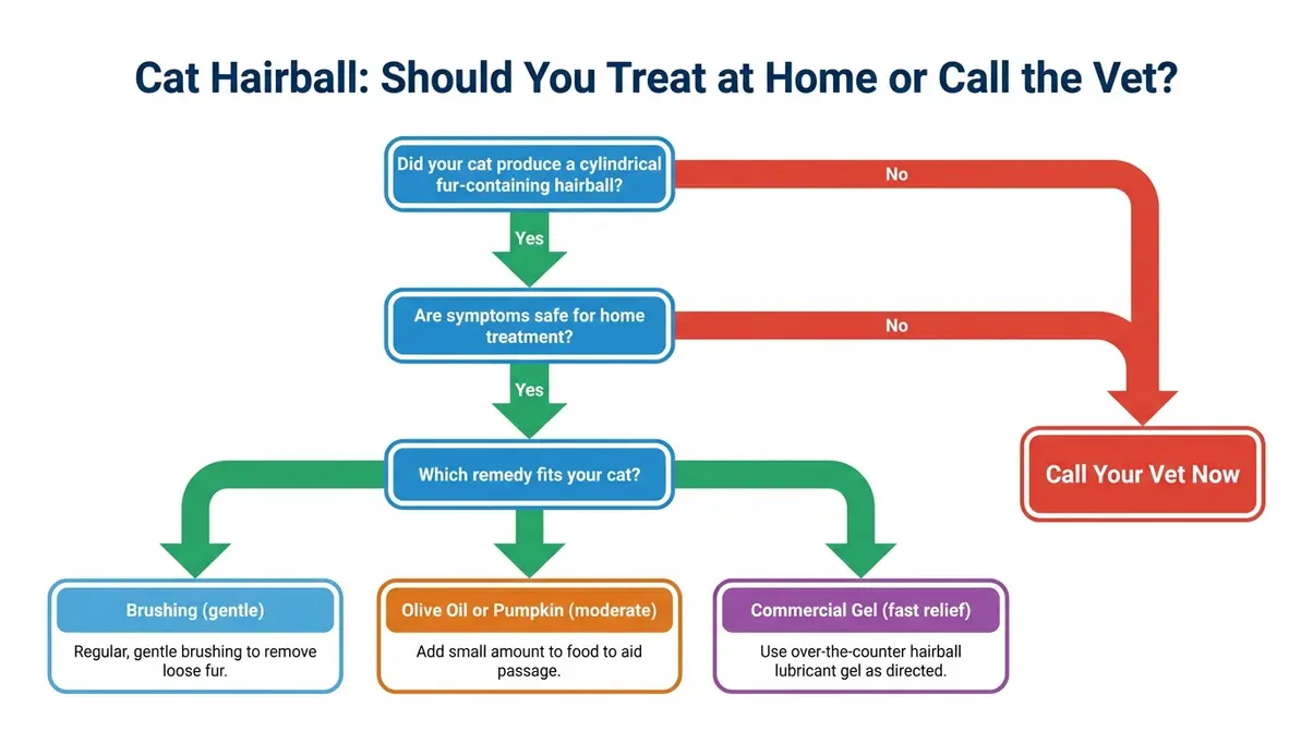 Flowchart showing cat hairball vet versus home treatment decision path with yes no branches