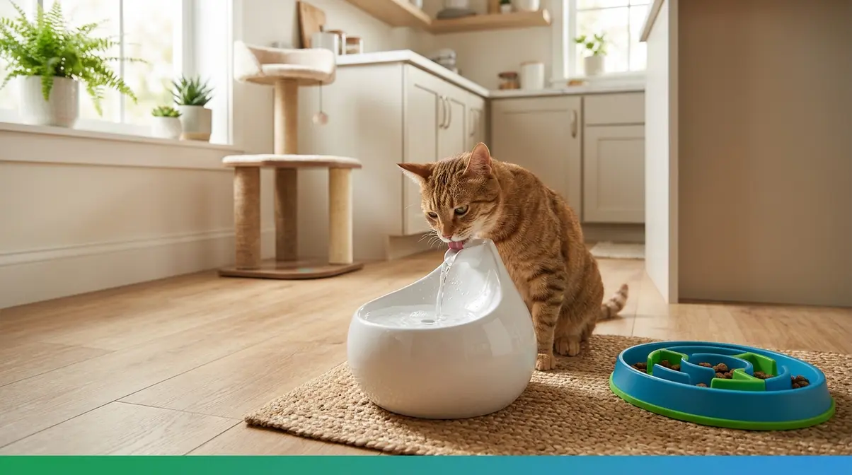 Cat drinking from a water fountain beside an enrichment puzzle feeder to reduce hairball frequency