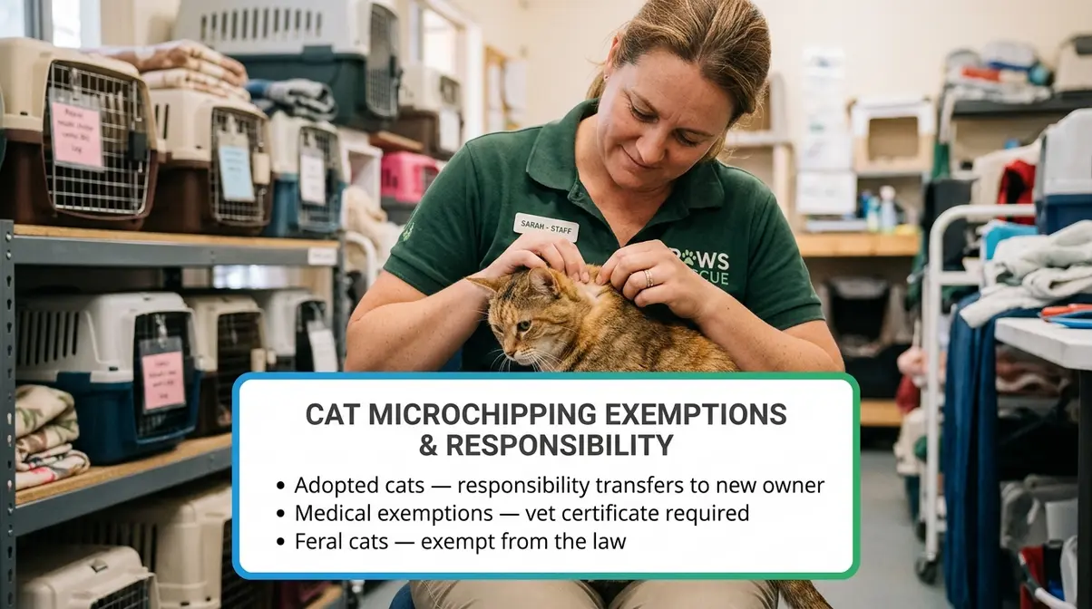 Cat adoption microchip compliance — owner checking older rescue cat for microchip at shelter