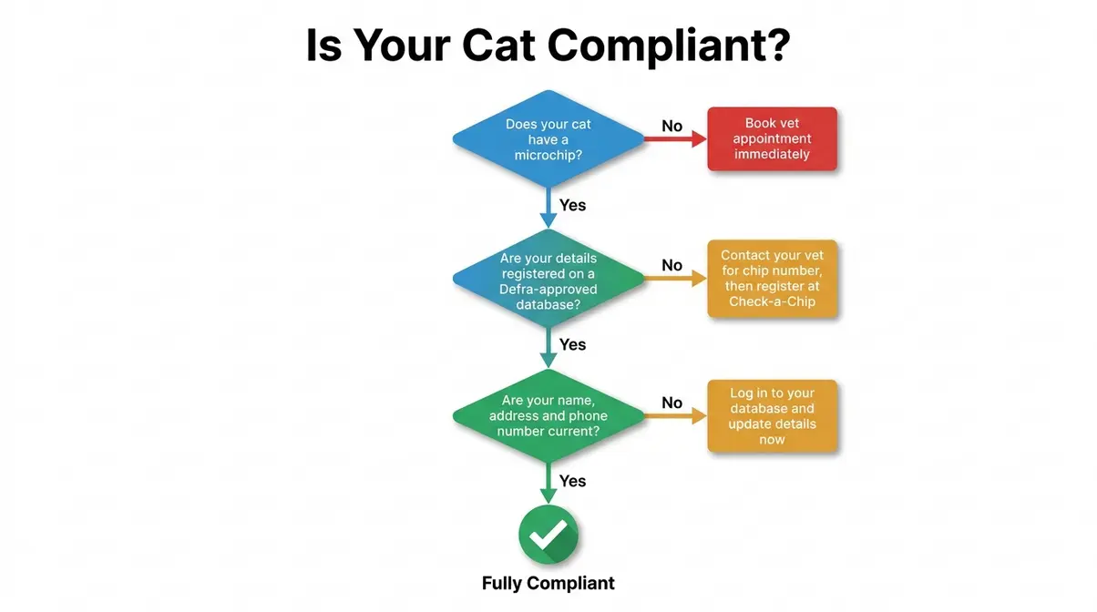 How to update cat microchip database details England — compliance decision flowchart with yes and no branches