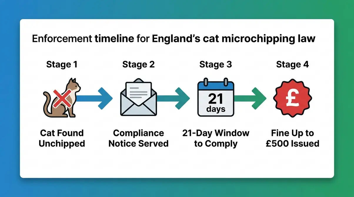 England cat microchipping law enforcement timeline showing compliance notice and £500 fine process