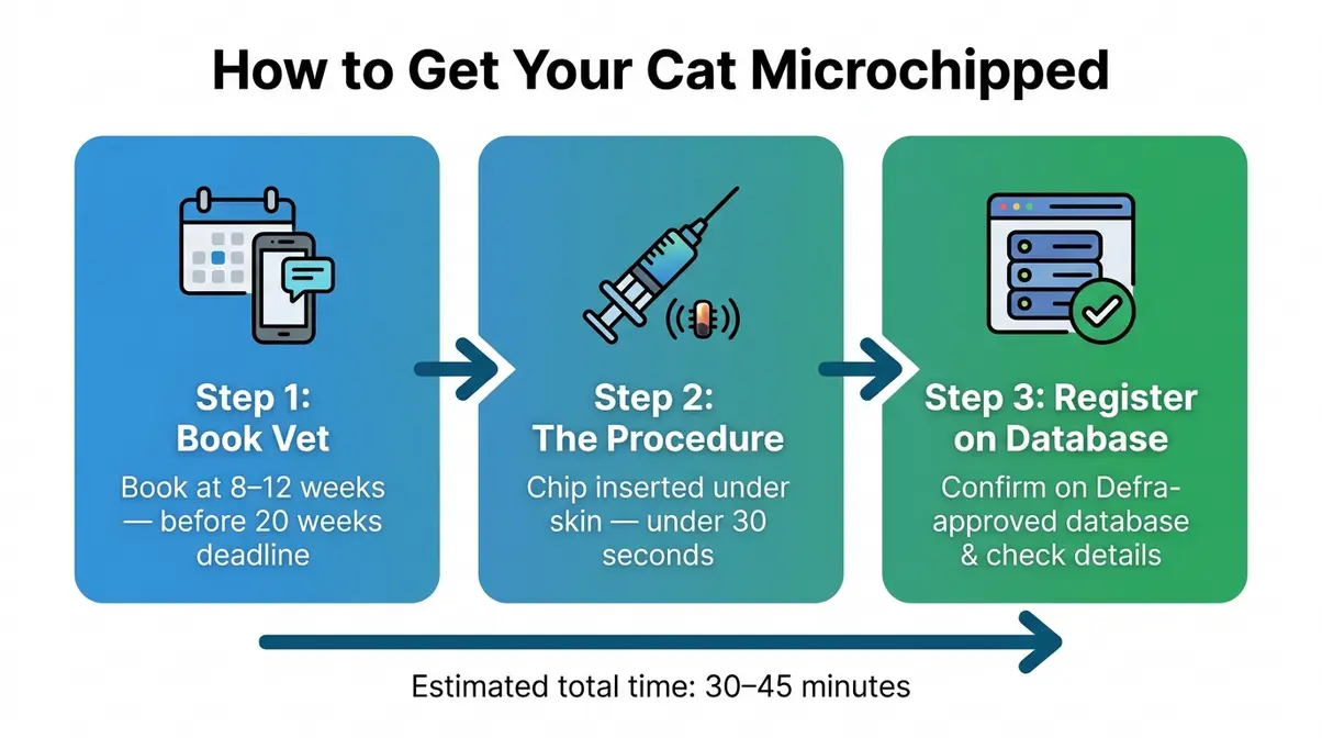 How to get your cat microchipped in England — three steps: book vet, procedure, register on database