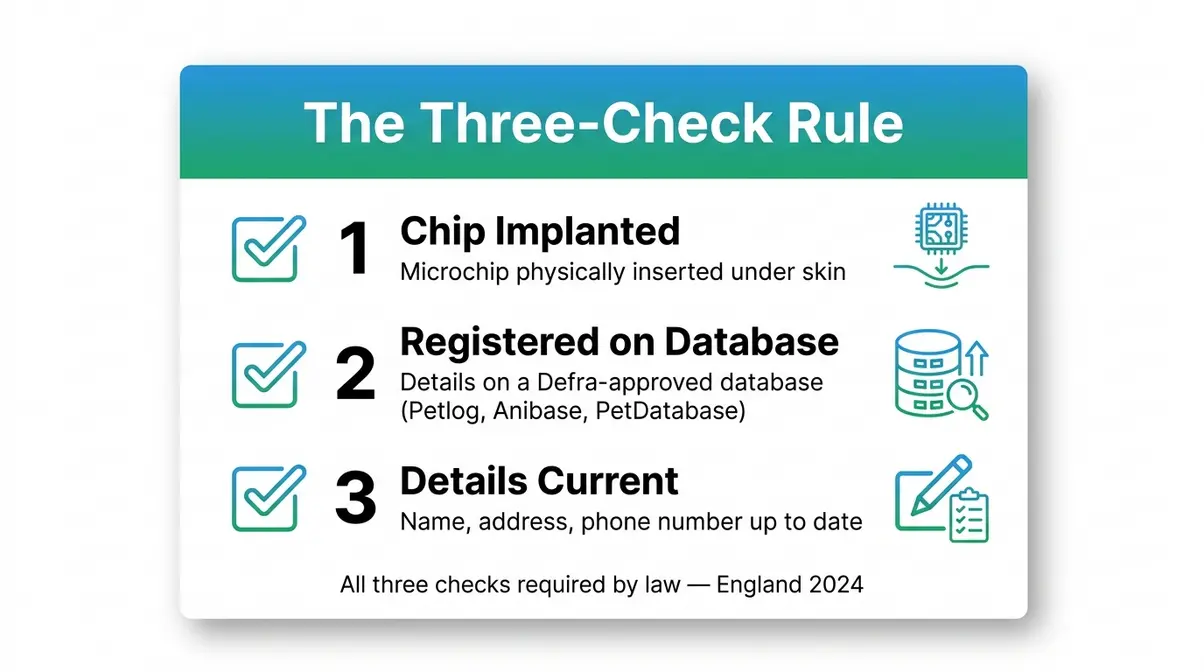 Cat microchipping law England Three-Check Rule compliance checklist with three numbered steps
