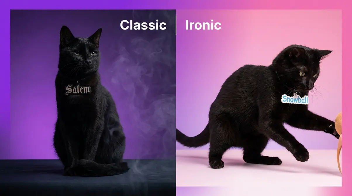 Black cat shown in two styles representing classic name Salem on left and ironic name Snowball on right