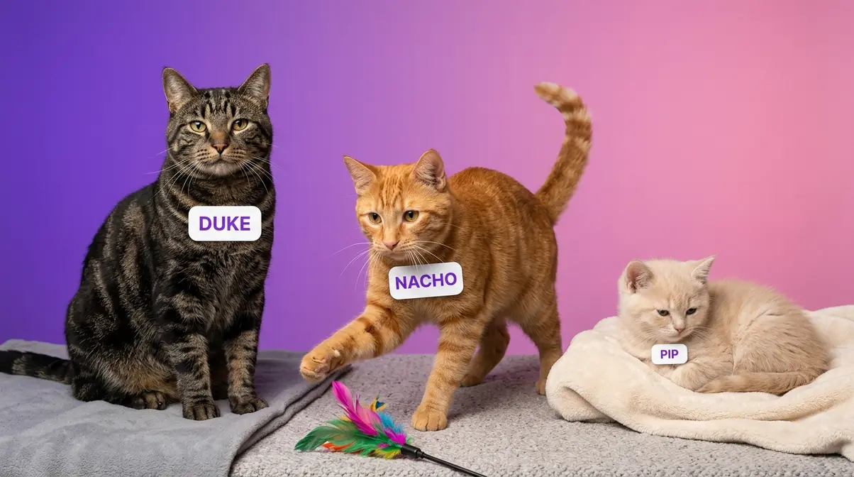 Three male cats representing strong, playful, and cute boy cat names Duke, Nacho, and Pip