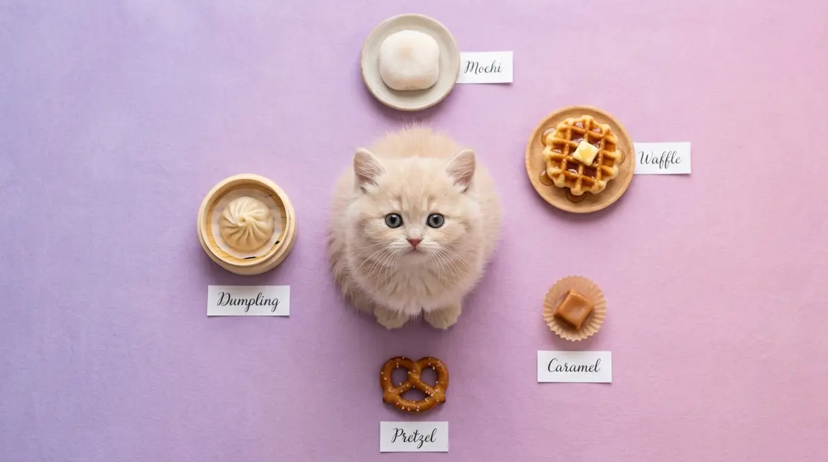 Fluffy cream kitten surrounded by food items representing cute food-inspired cat names Mochi, Waffle, Caramel, Pretzel, and Dumpling