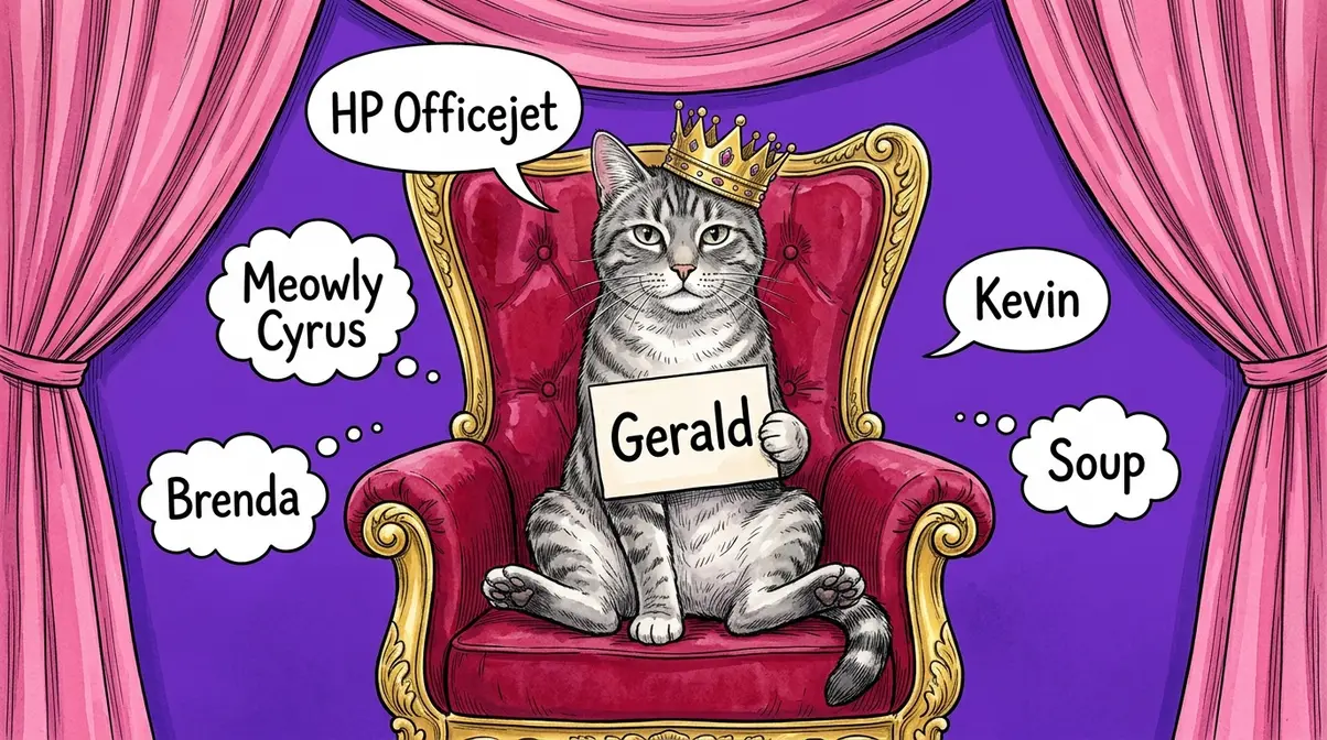 Dignified grey cat on a velvet throne holding a sign saying Gerald surrounded by funny cat names like HP Officejet and Meowly Cyrus
