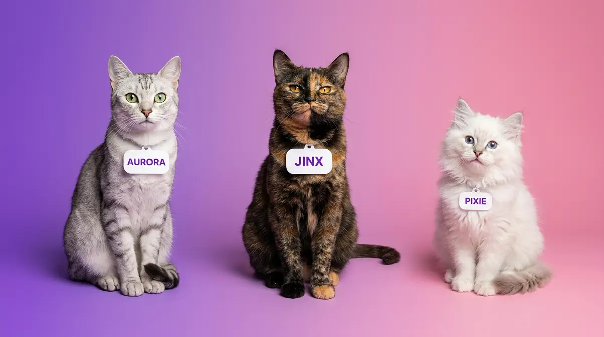 Three female cats representing elegant, sassy, and whimsical girl cat names Aurora, Jinx, and Pixie