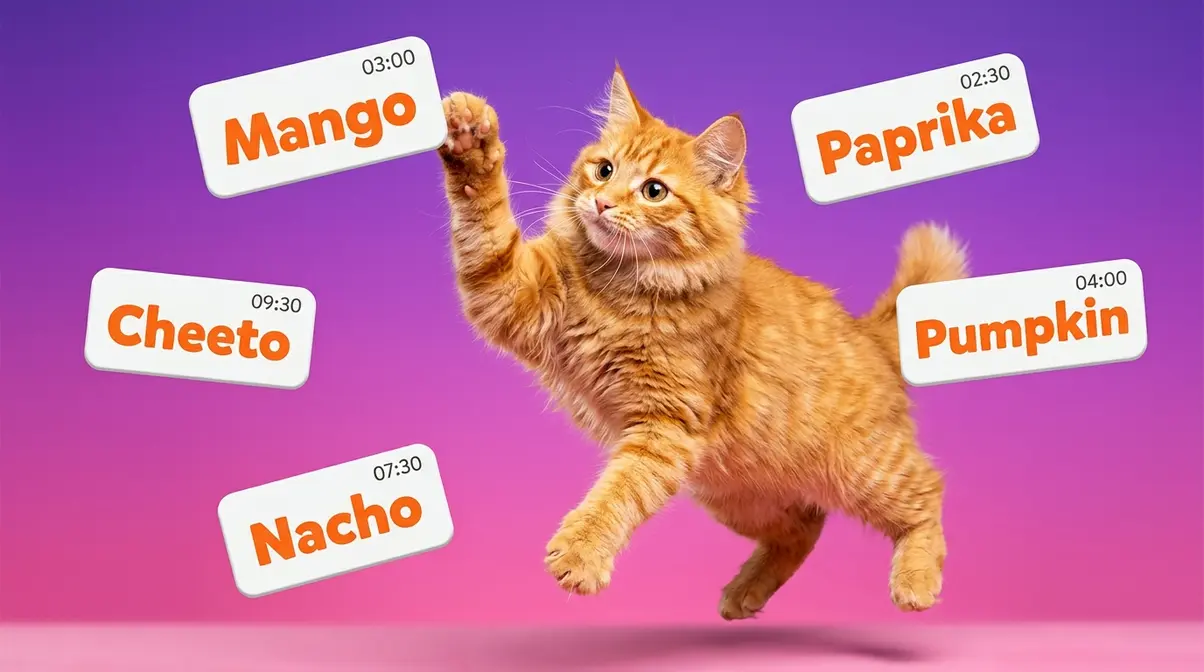 Fluffy orange tabby cat with raised paw surrounded by food-inspired name badges Mango, Paprika, Cheeto, Pumpkin, and Nacho