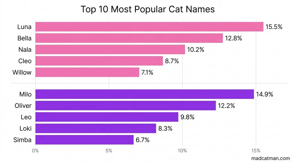 Horizontal bar chart showing top ten most popular cat names in 2026 including Luna, Milo, Oliver, Bella, and Leo