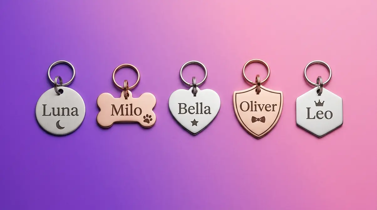 Five popular cat name tags showing Luna, Milo, Bella, Oliver, and Leo on purple-pink gradient background