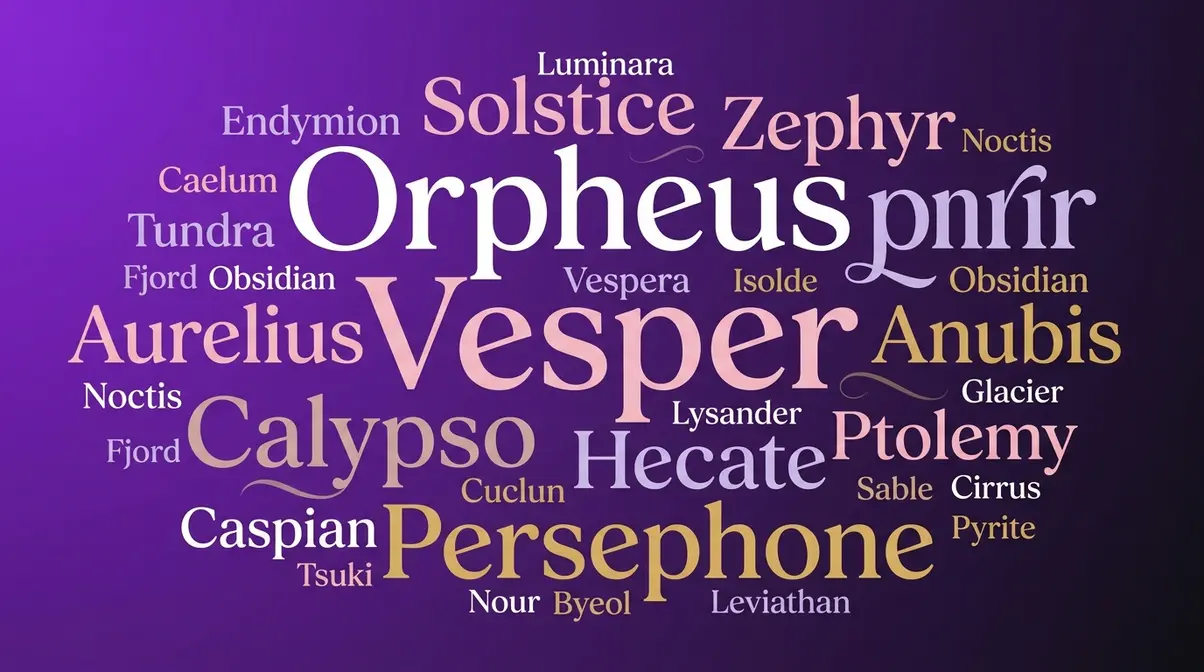 Word cloud of unique and rare cat names from mythology including Orpheus, Vesper, Fenrir, Calypso, and Solstice